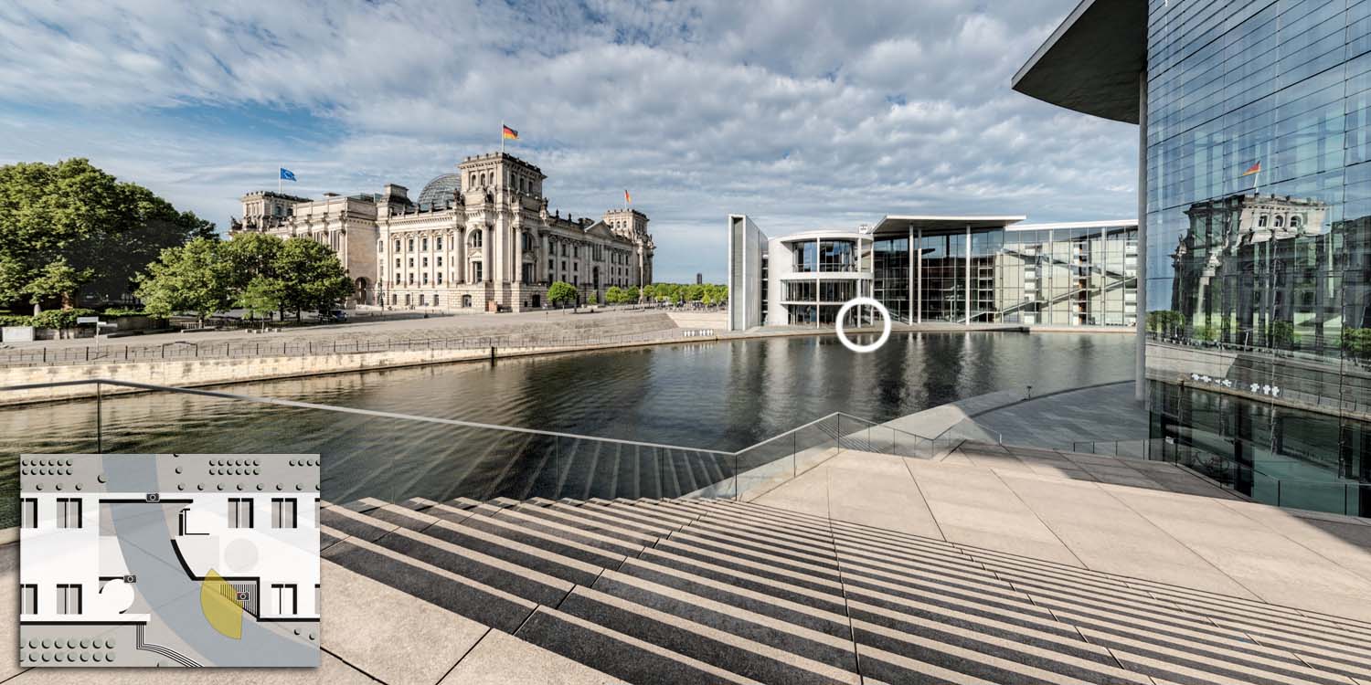 Reichstagsgebäude im Regierungsviertel Berlin mit Bedienoberfläche eines 360° Rundgangs