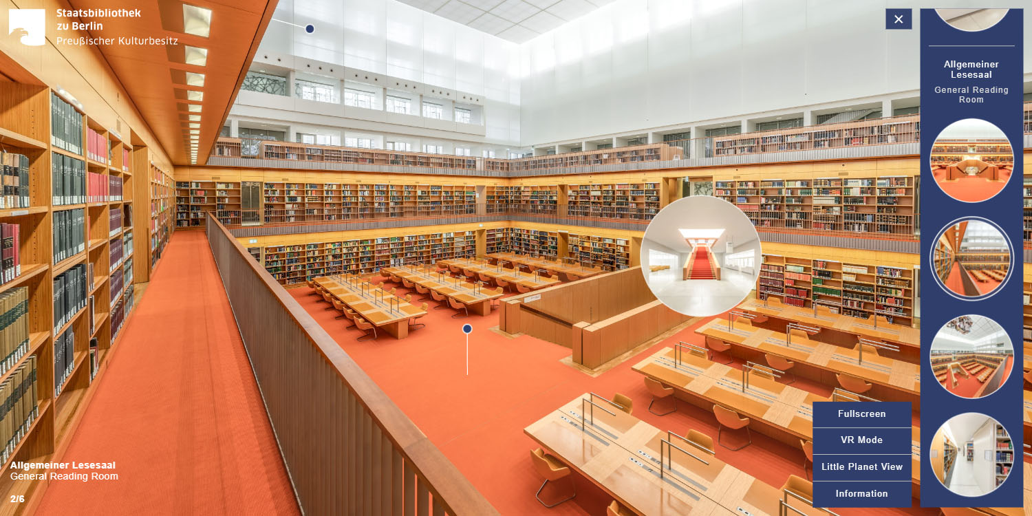 Lesesaal einer modernisierten Bibliothek mit Bedienoberfläche eines 360° Rundgangs